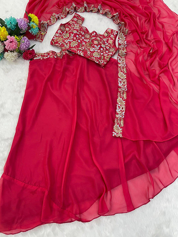 Pink Multi Embroidery Work Lehenga Choli With Shrug