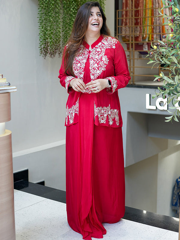 Red Embroidered Work Three Piece Set