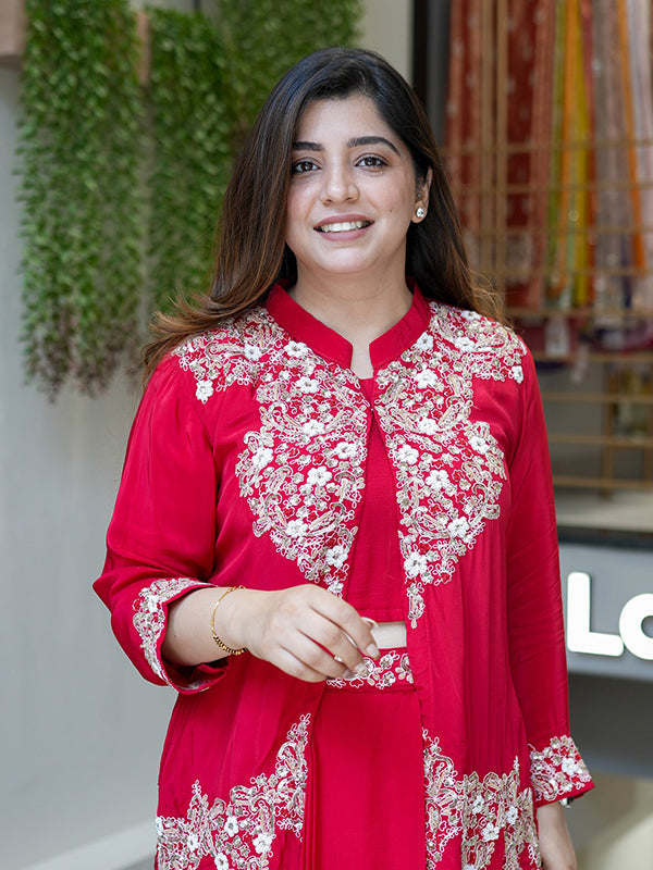 Red Embroidered Work Three Piece Set