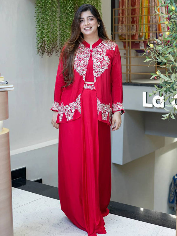 Red Embroidered Work Three Piece Set
