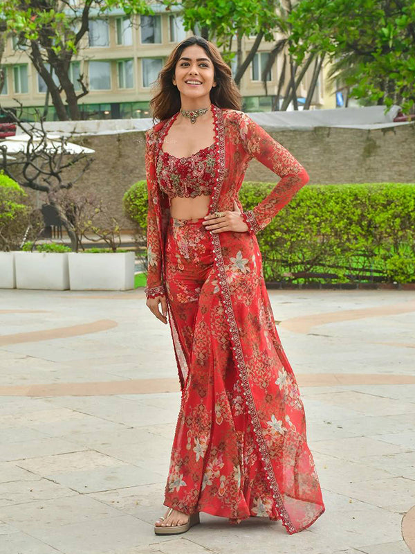 Red Floral Print Embroidery Sequins Work Georgette Co-ord with Jacket