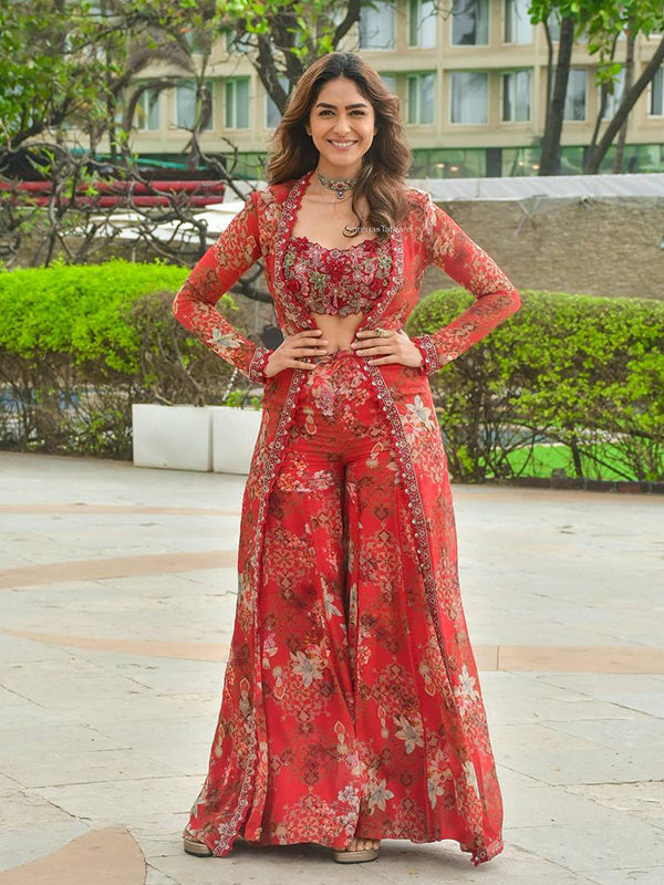 Red Floral Print Embroidery Sequins Work Georgette Co-ord with Jacket