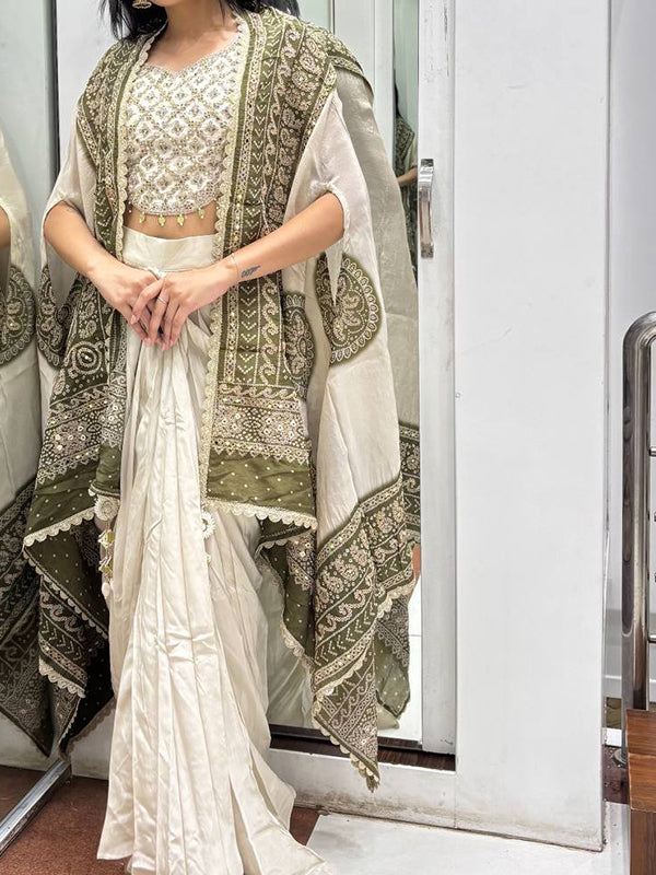 White Banglory Silk Embroidey Work Blouse With Chinon Silk Dhoti