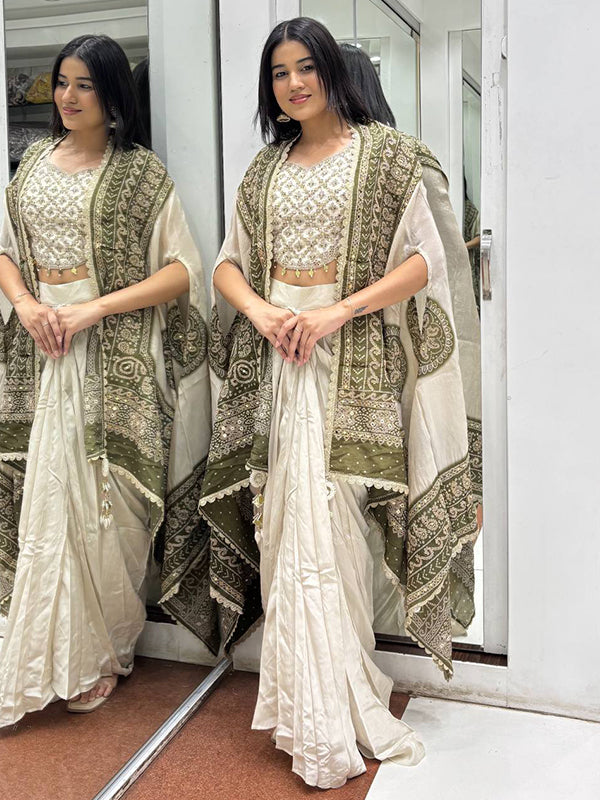 White Banglory Silk Embroidey Work Blouse With Chinon Silk Dhoti