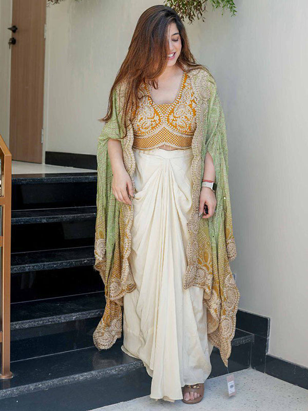 Mustrad Yellow Banglory Silk Embroidey Work Blouse With White Chinon Silk Dhoti