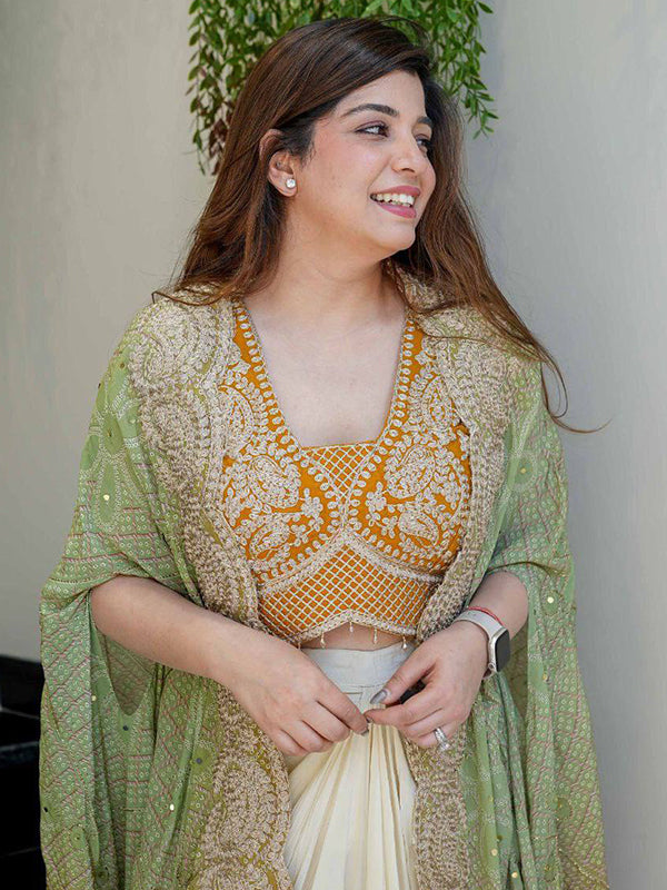 Mustrad Yellow Banglory Silk Embroidey Work Blouse With White Chinon Silk Dhoti