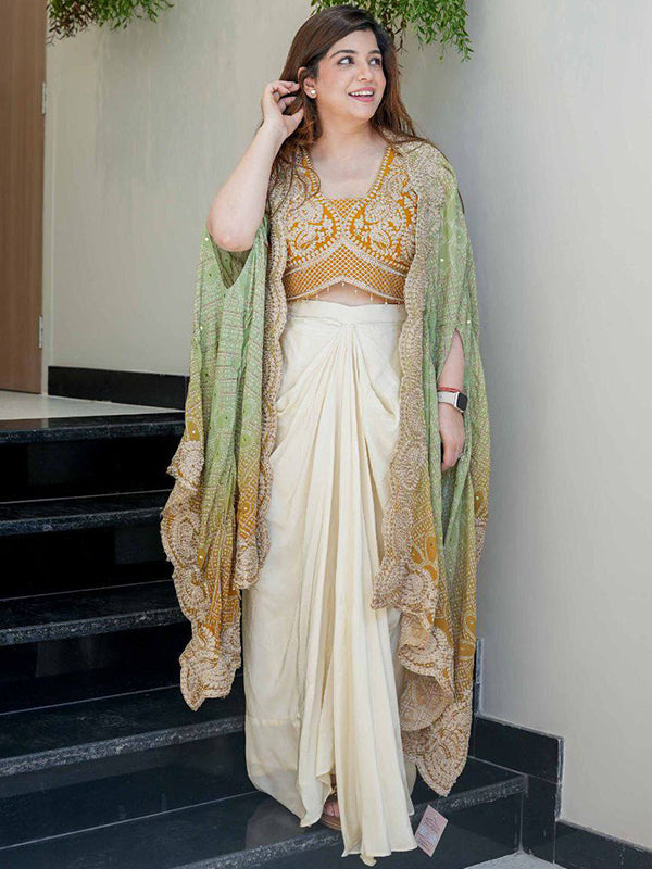 Mustrad Yellow Banglory Silk Embroidey Work Blouse With White Chinon Silk Dhoti