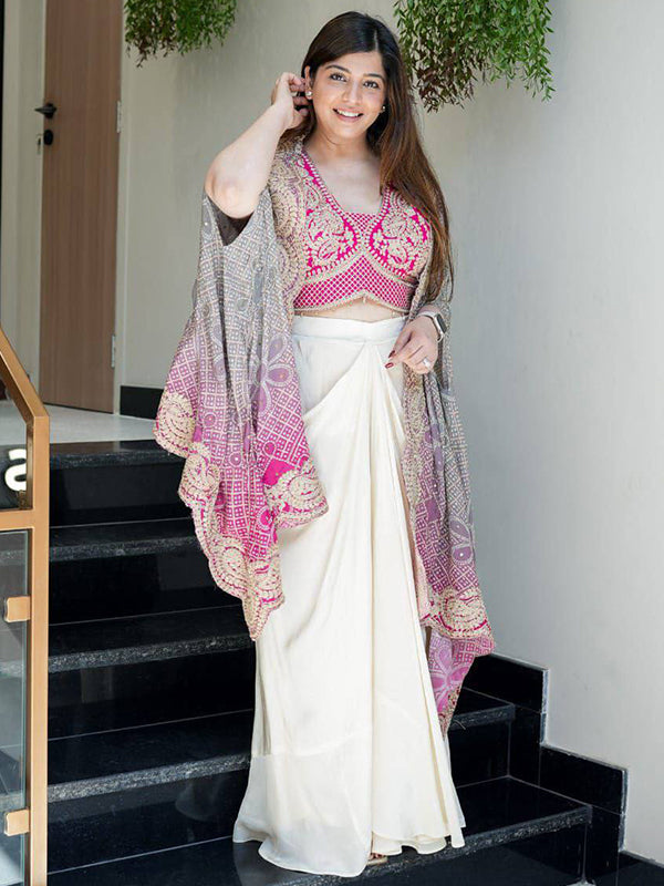 Pink Banglory Silk Embroidey Work Blouse With White Chinon Silk Dhoti