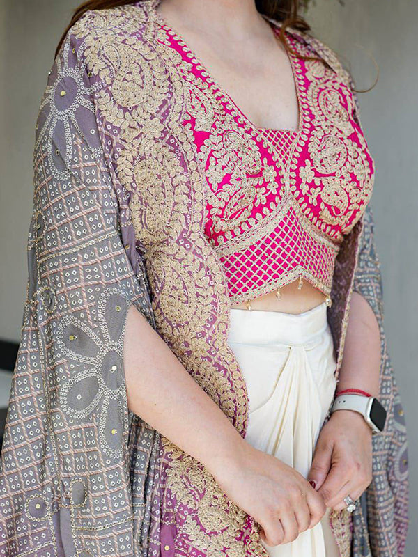 Pink Banglory Silk Embroidey Work Blouse With White Chinon Silk Dhoti