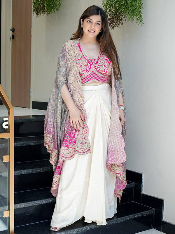 Pink Banglory Silk Embroidey Work Blouse With White Chinon Silk Dhoti