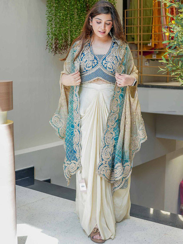 Teal Blue Banglory Silk Embroidey Work Blouse With White Chinon Silk Dhoti