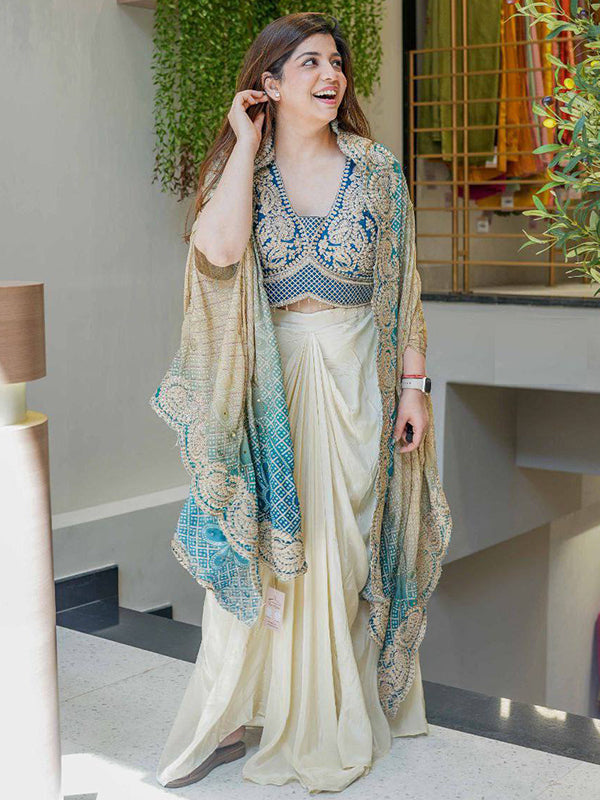 Teal Blue Banglory Silk Embroidey Work Blouse With White Chinon Silk Dhoti