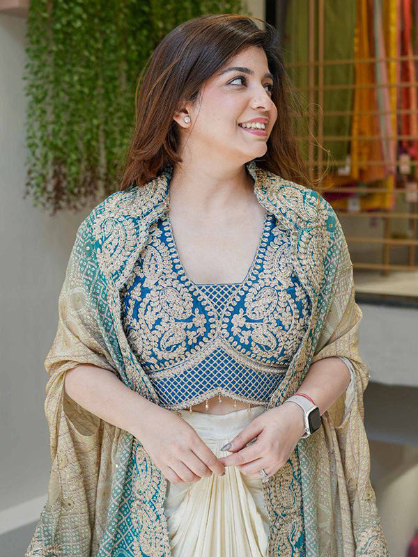 Teal Blue Banglory Silk Embroidey Work Blouse With White Chinon Silk Dhoti