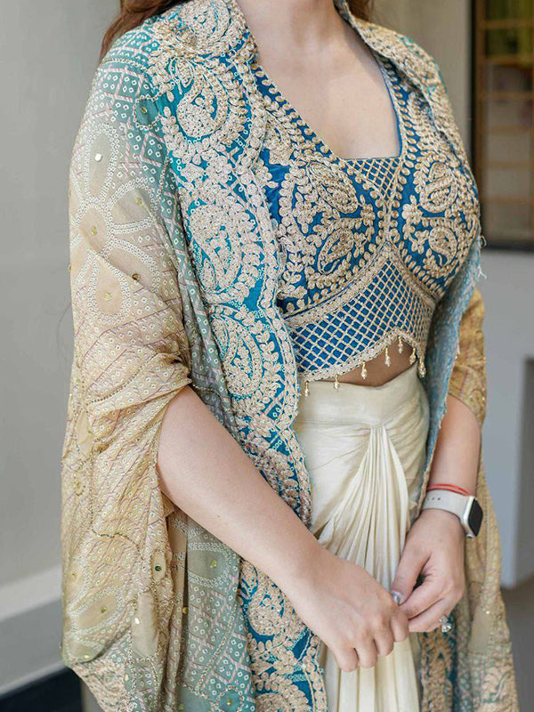 Teal Blue Banglory Silk Embroidey Work Blouse With White Chinon Silk Dhoti