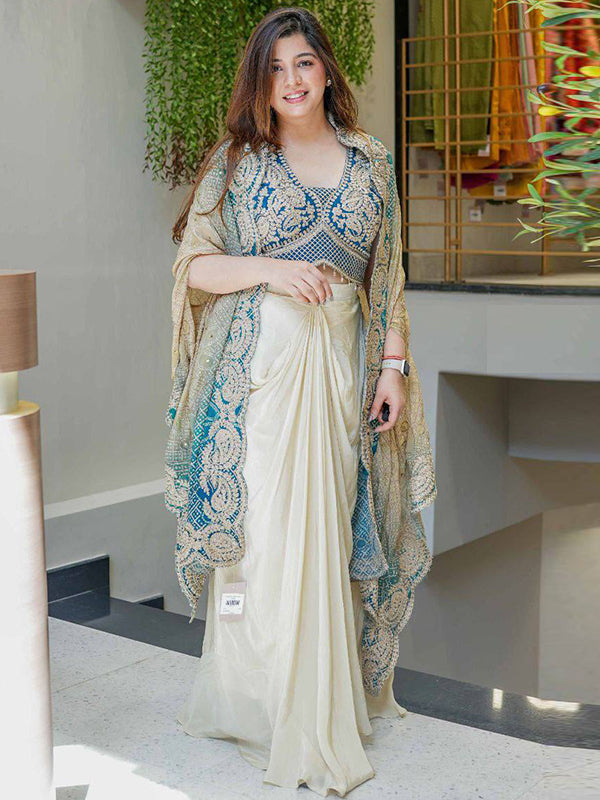 Teal Blue Banglory Silk Embroidey Work Blouse With White Chinon Silk Dhoti