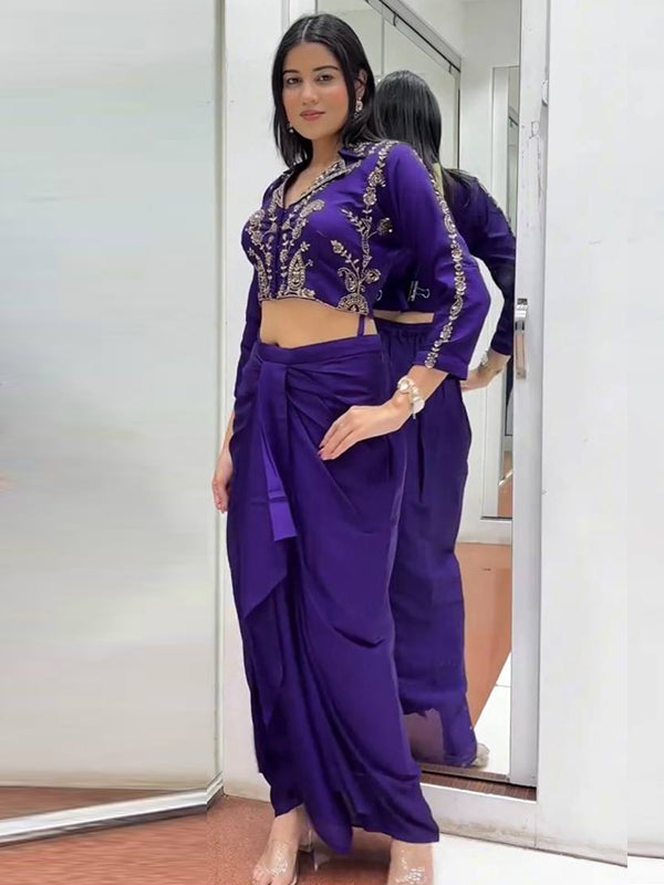 Purple Embroidery Sequins Work Blouse With Chinon Silk Dhoti