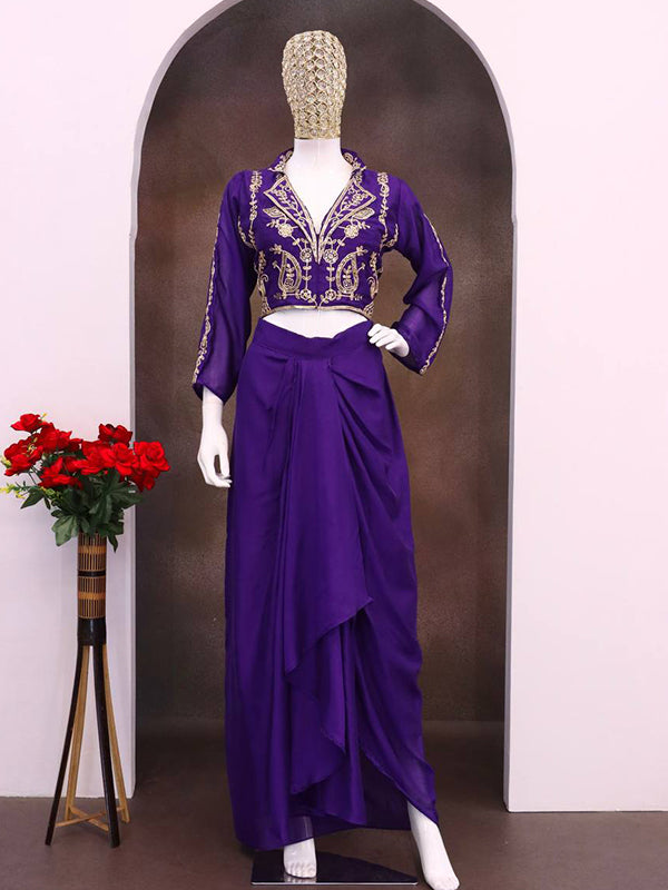 Purple Embroidery Sequins Work Blouse With Chinon Silk Dhoti