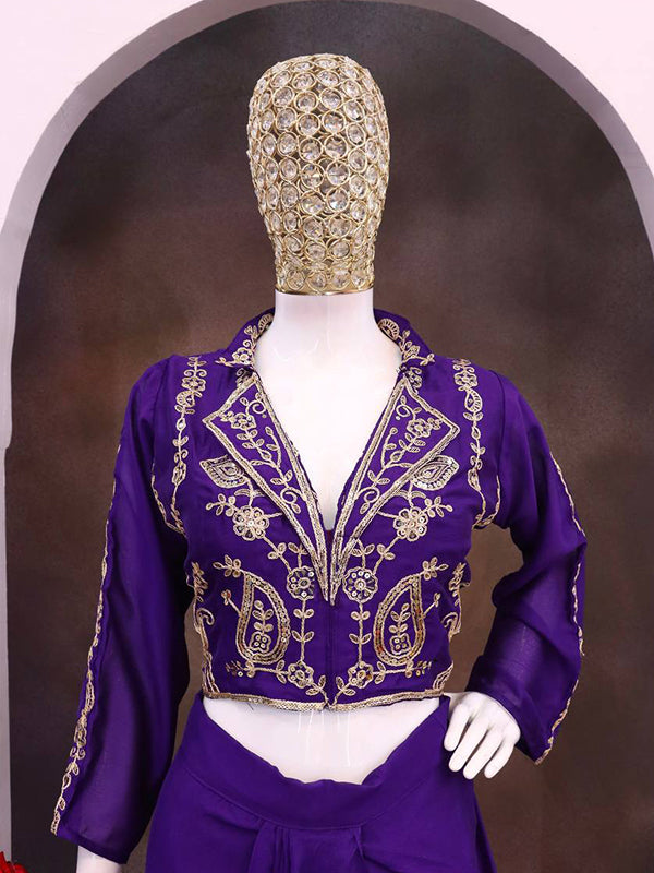Purple Embroidery Sequins Work Blouse With Chinon Silk Dhoti