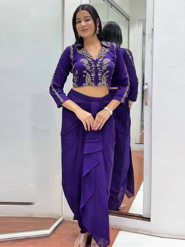 Purple Embroidery Sequins Work Blouse With Chinon Silk Dhoti