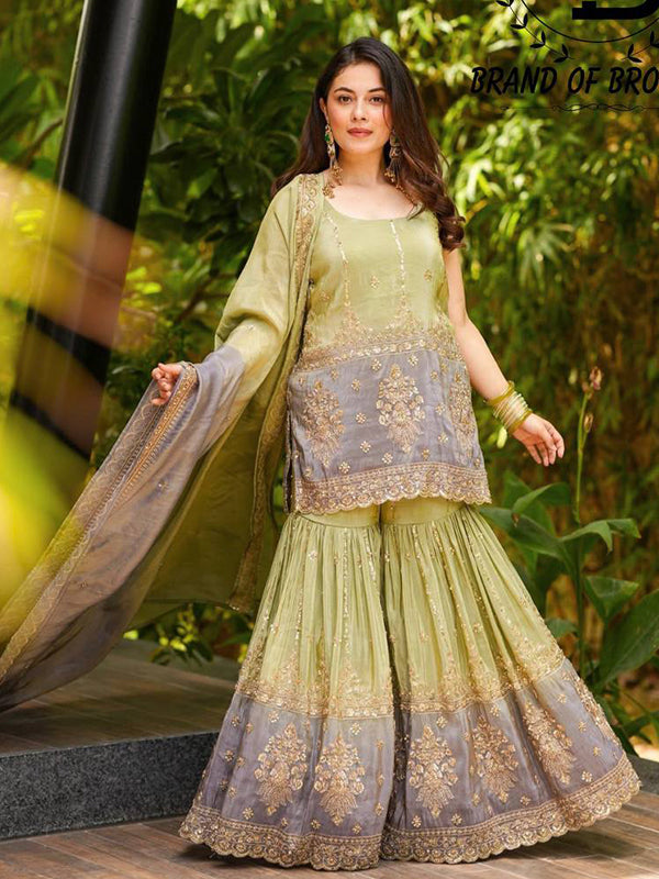Pista Green Thread Sequence Work Chinon Sharara Suit