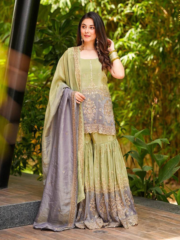 Pista Green Thread Sequence Work Chinon Sharara Suit