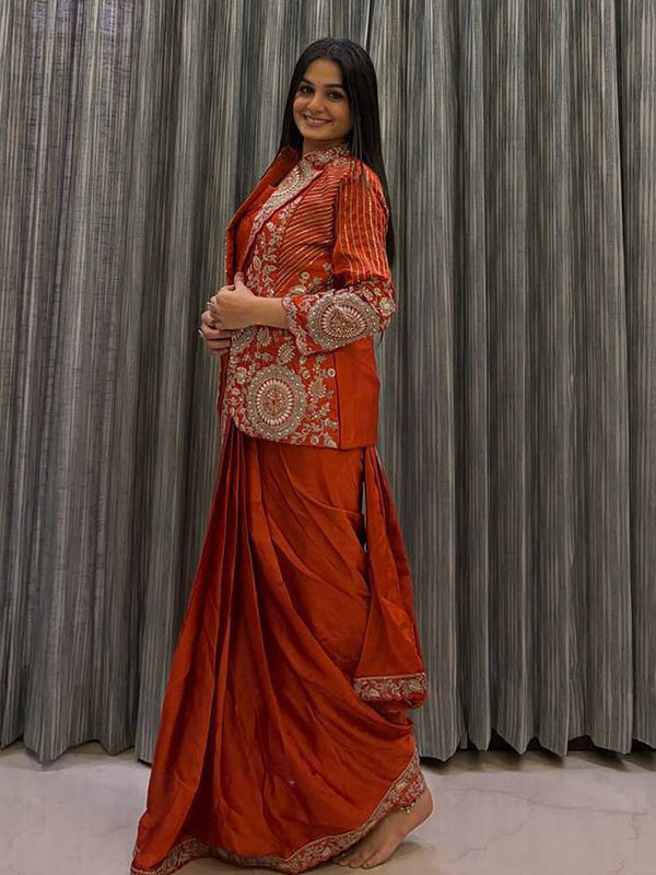Orange Rangoli Silk Ready To Wear Saree With Embroidered Blazer Jacket