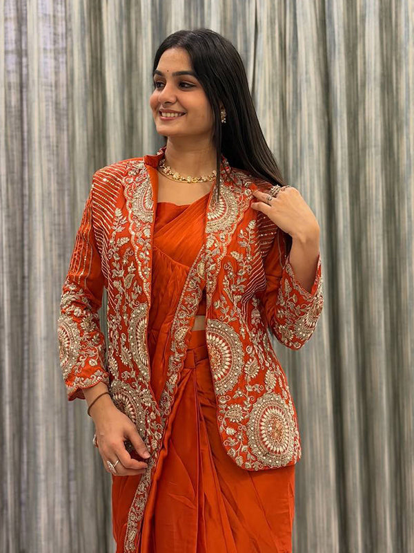 Orange Rangoli Silk Ready To Wear Saree With Embroidered Blazer Jacket