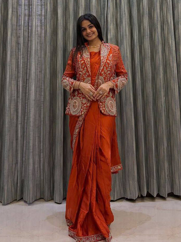 Orange Rangoli Silk Ready To Wear Saree With Embroidered Blazer Jacket