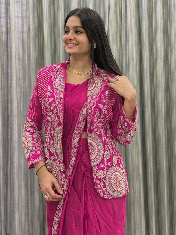 Pink Rangoli Silk Ready To Wear Saree With Embroidered Blazer Jacket