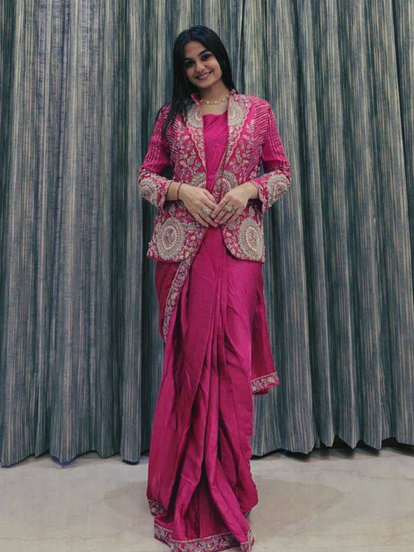 Pink Rangoli Silk Ready To Wear Saree With Embroidered Blazer Jacket