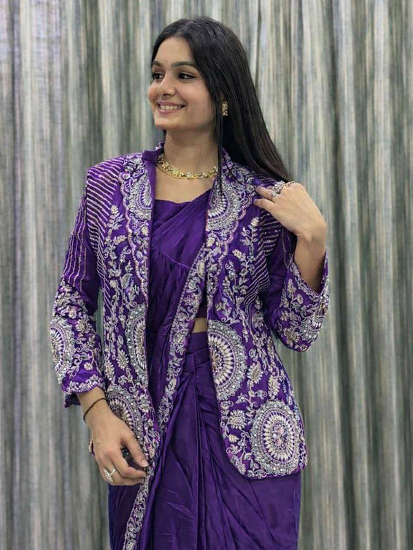 Purple Rangoli Silk Ready To Wear Saree With Embroidered Blazer Jacket