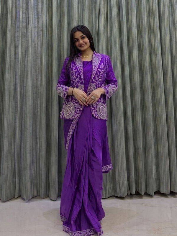 Purple Rangoli Silk Ready To Wear Saree With Embroidered Blazer Jacket
