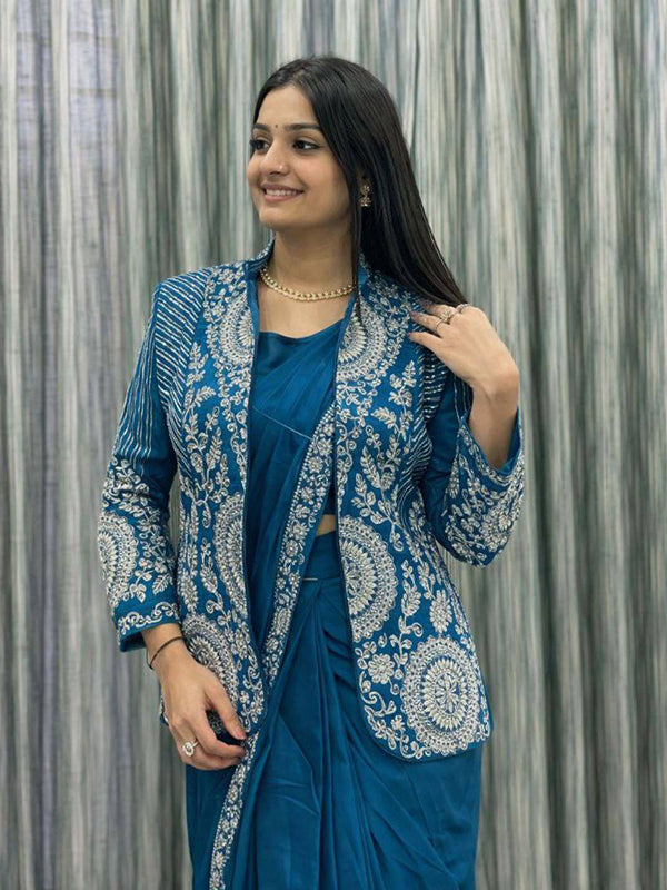 Teal Blue Rangoli Silk Ready To Wear Saree With Embroidered Blazer Jacket