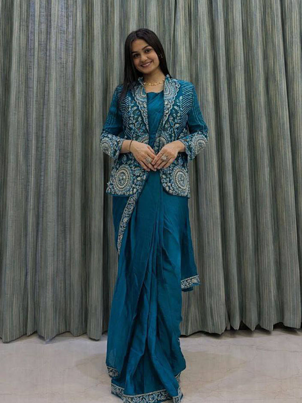 Teal Blue Rangoli Silk Ready To Wear Saree With Embroidered Blazer Jacket