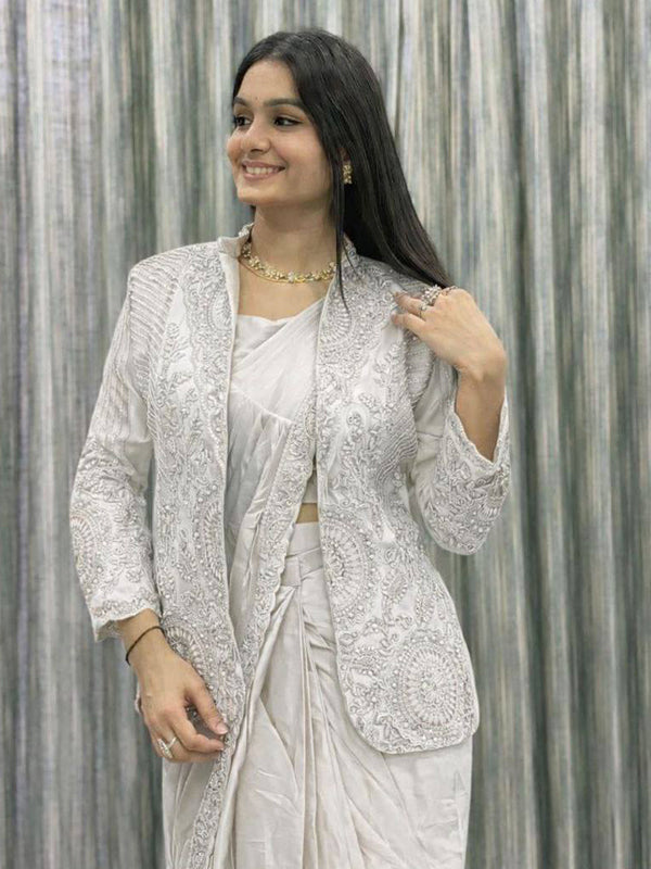 White Rangoli Silk Ready To Wear Saree With Embroidered Blazer Jacket