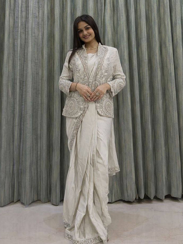 White Rangoli Silk Ready To Wear Saree With Embroidered Blazer Jacket