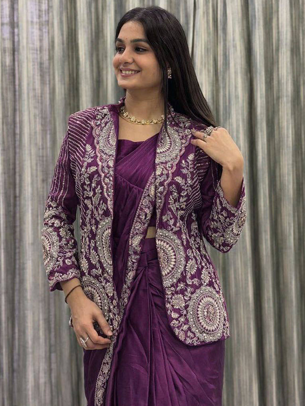 Wine Rangoli Silk Ready To Wear Saree With Embroidered Blazer Jacket