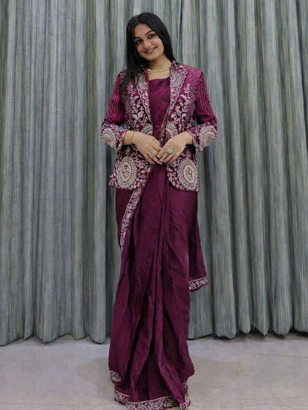 Wine Rangoli Silk Ready To Wear Saree With Embroidered Blazer Jacket