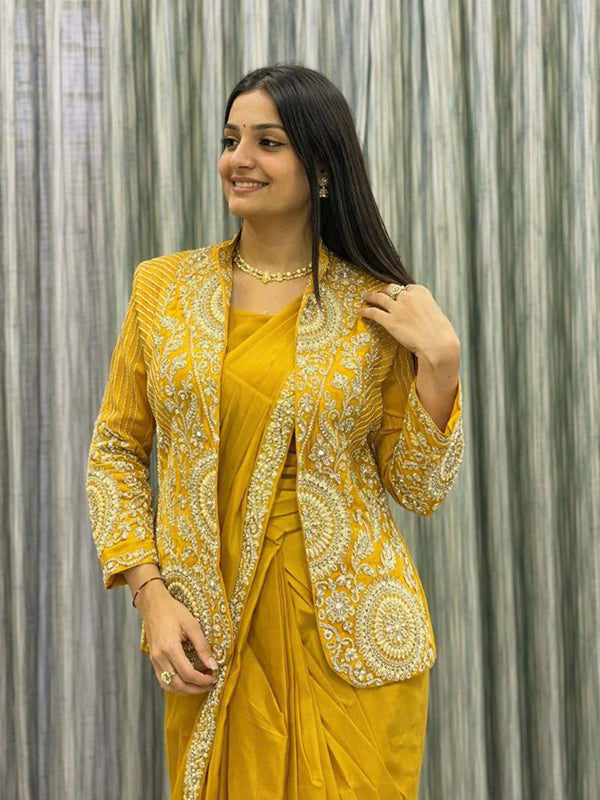 Yellow Rangoli Silk Ready To Wear Saree With Embroidered Blazer Jacket