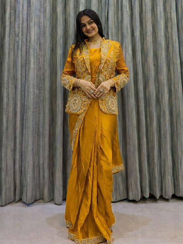 Yellow Rangoli Silk Ready To Wear Saree With Embroidered Blazer Jacket