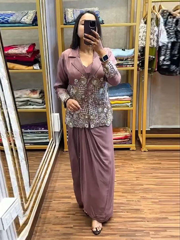 Mauve Pink Ready To Wear Draped Skirt & Crop Top With Embroidered Blazer Jacket