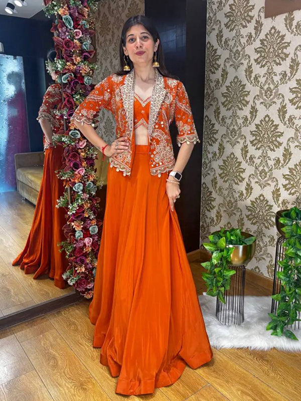 Orange Rangoli Silk Lehenga & Crop Top With Embroidered Blazer Jacket