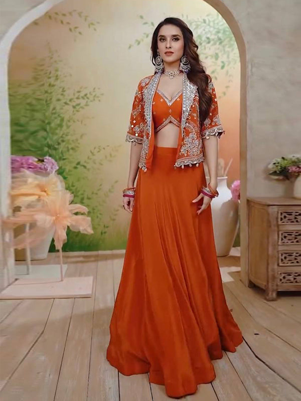 Orange Rangoli Silk Lehenga & Crop Top With Embroidered Blazer Jacket