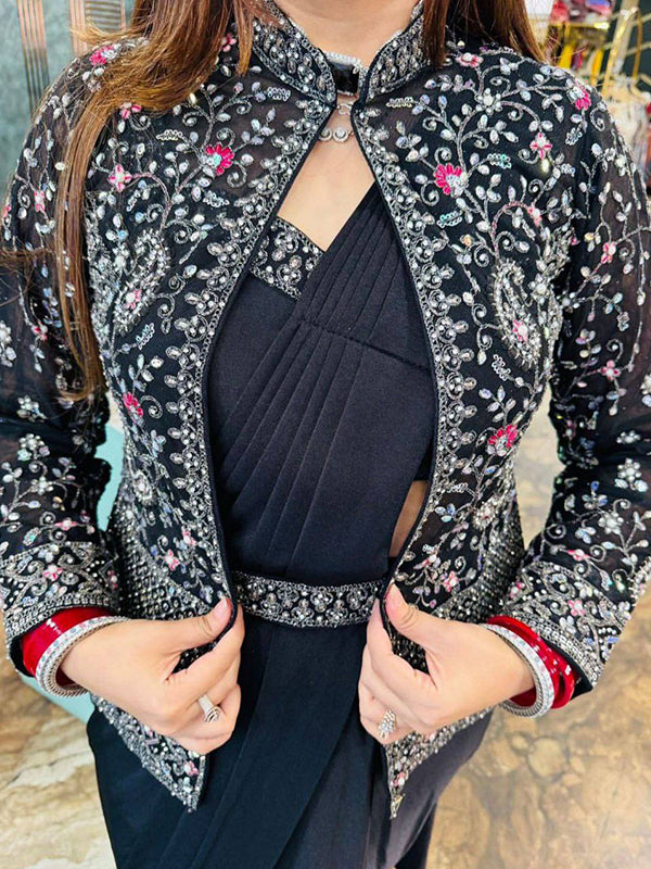 Black Crep Silk Ready To Wear Saree With Embroidered Blazer Jacket