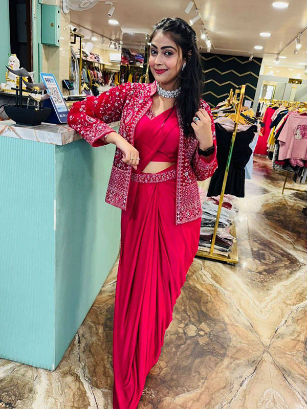 Dark Pink Crep Silk Ready To Wear Saree With Embroidered Blazer Jacket
