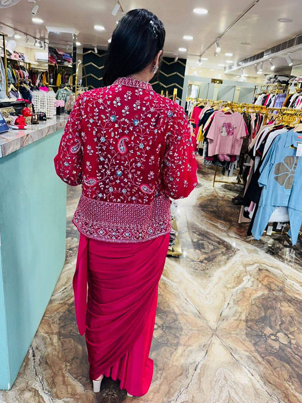 Dark Pink Crep Silk Ready To Wear Saree With Embroidered Blazer Jacket