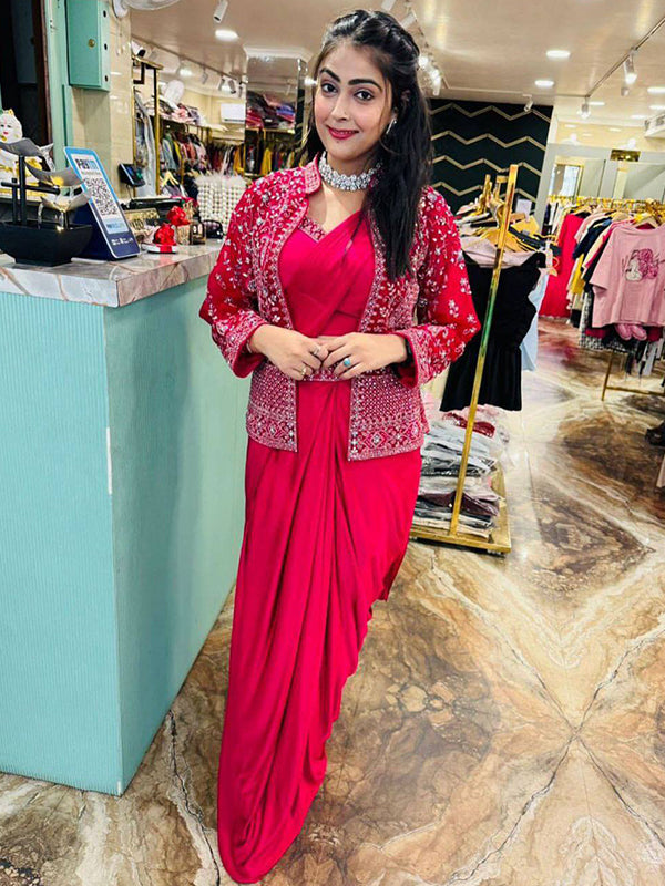 Dark Pink Crep Silk Ready To Wear Saree With Embroidered Blazer Jacket