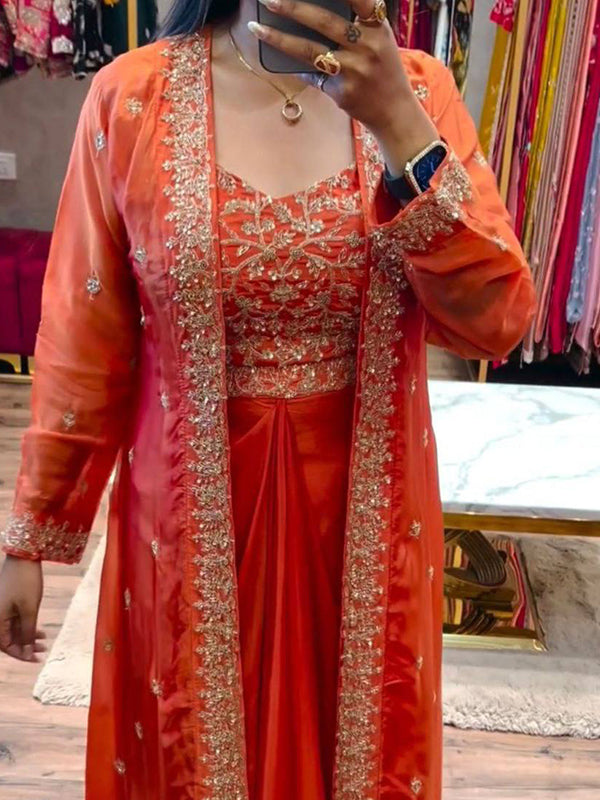 Orange Embroidery Sequence Work Chinon Silk Dhoti Blouse With Shrug