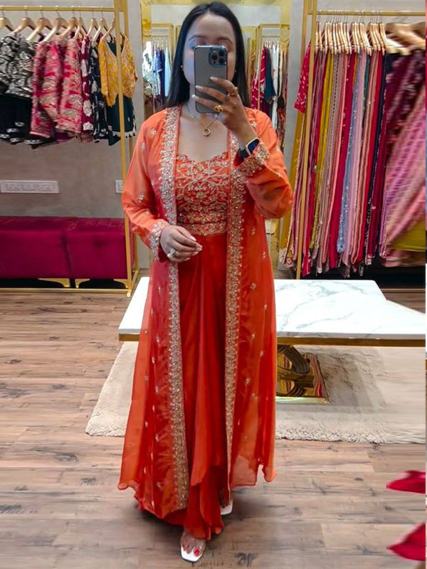 Orange Embroidery Sequence Work Chinon Silk Dhoti Blouse With Shrug