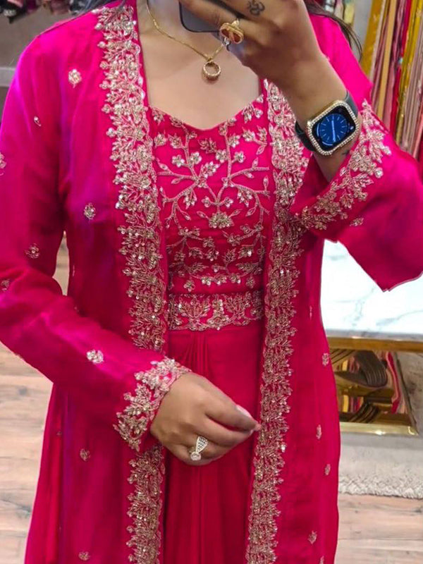 Dark Pink Embroidery Sequence Work Chinon Silk Dhoti Blouse With Shrug